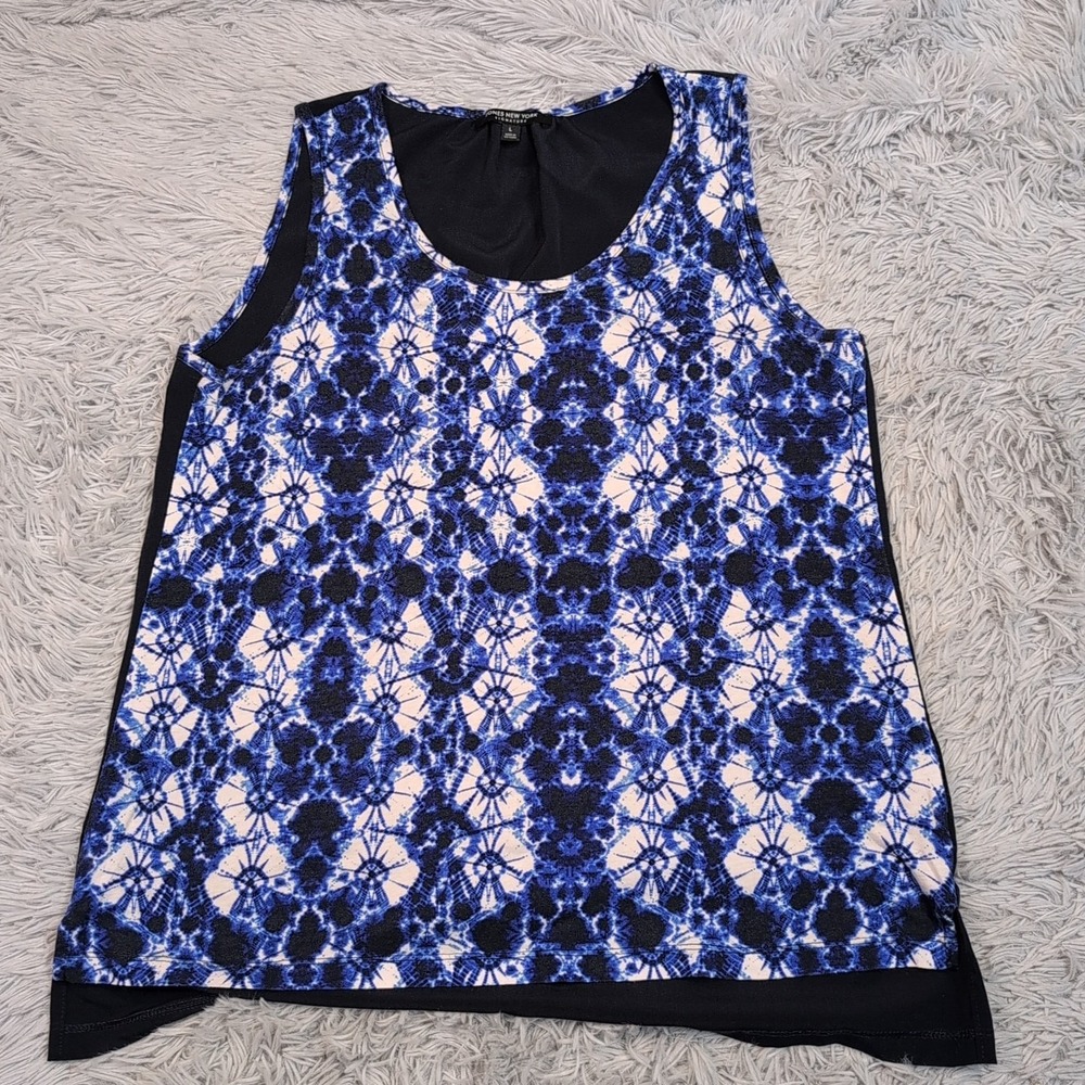 Jones New York Shirt Womens L Blue Splatter Blouse Preppy Top Casual Comfort